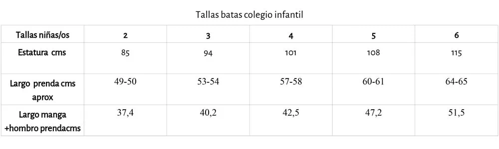tallas babis colegio