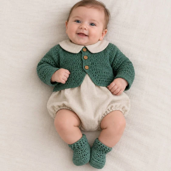 conjunto para bebe ranita lino y chaqueta algodón
